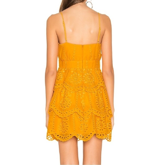NWOT Lovers + Friends Doreen Mini Dress Mustard Embroidered Eyelet Fully Lined - Picture 3 of 15
